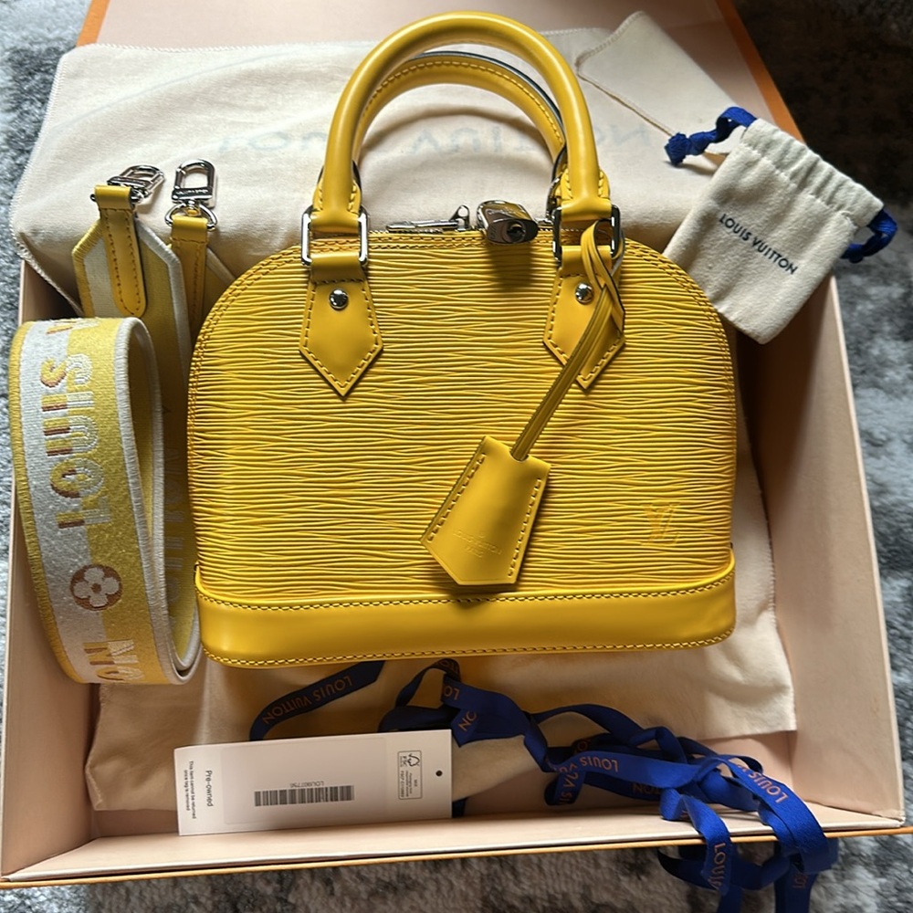 Louis Vuitton Alma BB Handbag Epi Leather with Logo Jacquard Strap Yellow